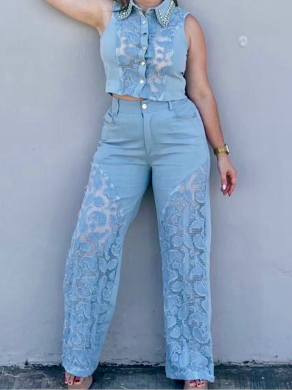 Floral Wide-Leg Jumpsuit in Blue Like New